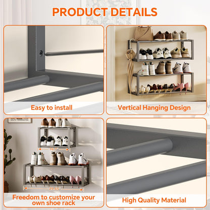 Homeiju Hanging Shoe Organizer,2 Pack Wall Mounted Shoe Rack Holds 12 Pairs,Space Saving Metal Wall Shoe Rack,Hanging Shoe Rack Shoe Holder for Small Space,Entryway,Closet,RV,Camper（Black