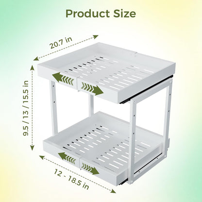 Abalter Expandable Pull Out Cabinet Organizer, 2-Tier Slide Out Drawer for Kitchen Cabinets, Adjustable Width 12–18.5", Slide Out Shelves for Kitchen, Bathroom, Pantry, Heavy Duty Caddy(White)