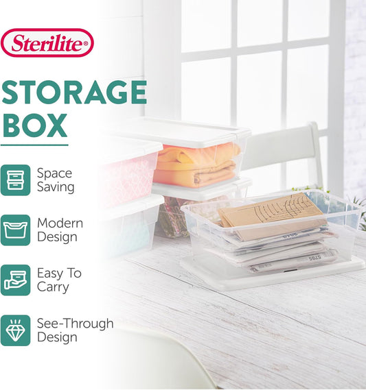 Sterilite 6 Pack Storage Box, 41 Quart Stackable Tote, Clear Plastic Container with Secure Snapping White Lids for Home and Office Organization