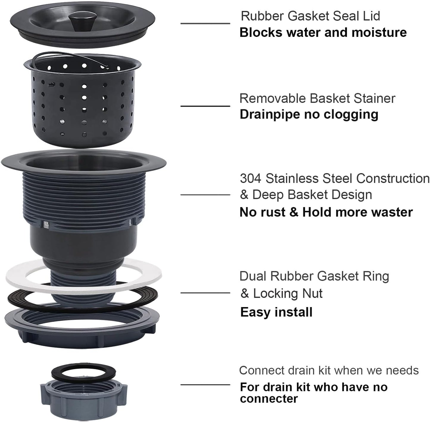3-1/2-Inch Kitchen Sink Drain Strainer Assembly Kit, GZILA Deep Waste Basket Strainer with Sealing Lid Sink Stopper, 304 Stainless Steel Brushed Nickel