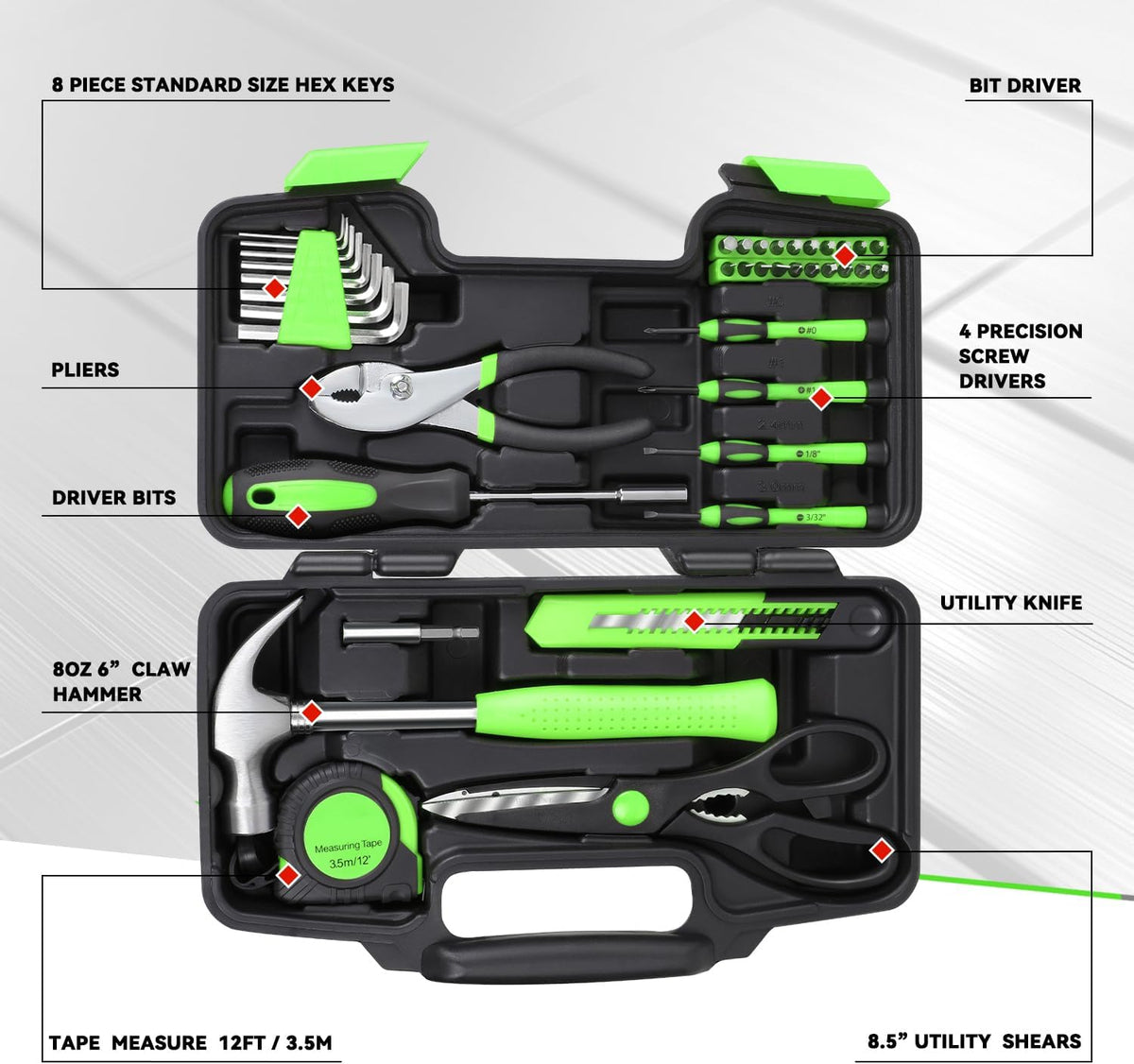 Auto Dynasty Tool Kit for Home, Basic Household Hand Tool Sets with Screwdrivers Combination Tools, All in One Plastic Toolbox Storage Case for College Dorm, Office, Auto Repair (Green)