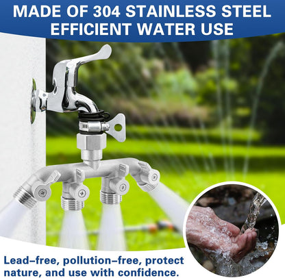 4 Way Garden Hose Splitter, 304 Stainless Steel Outdoor Faucet Splitter with 4 Individual Shut Off Valves, 3/4" GHT High Flow Hose Bib Spigot Connector