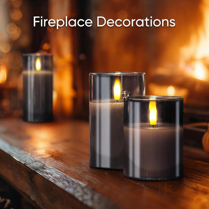 5plots Glass Battery Operated White Flameless Candles with Remote Timer, 3D Wick Real Wax Pillar Led Candles Warm Flickering Light for Indoor Home, Halloween, Christmas Decor, Set of 3, D3 x H4 5" 6"