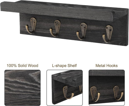 HRONRAD Rustic Key Holder for Wall, Farmhouse Wall Shelf with 4 Hooks, Wall Mounted Key Racks, Wooden Mail Organizer with Hooks for Entryway (Brown)
