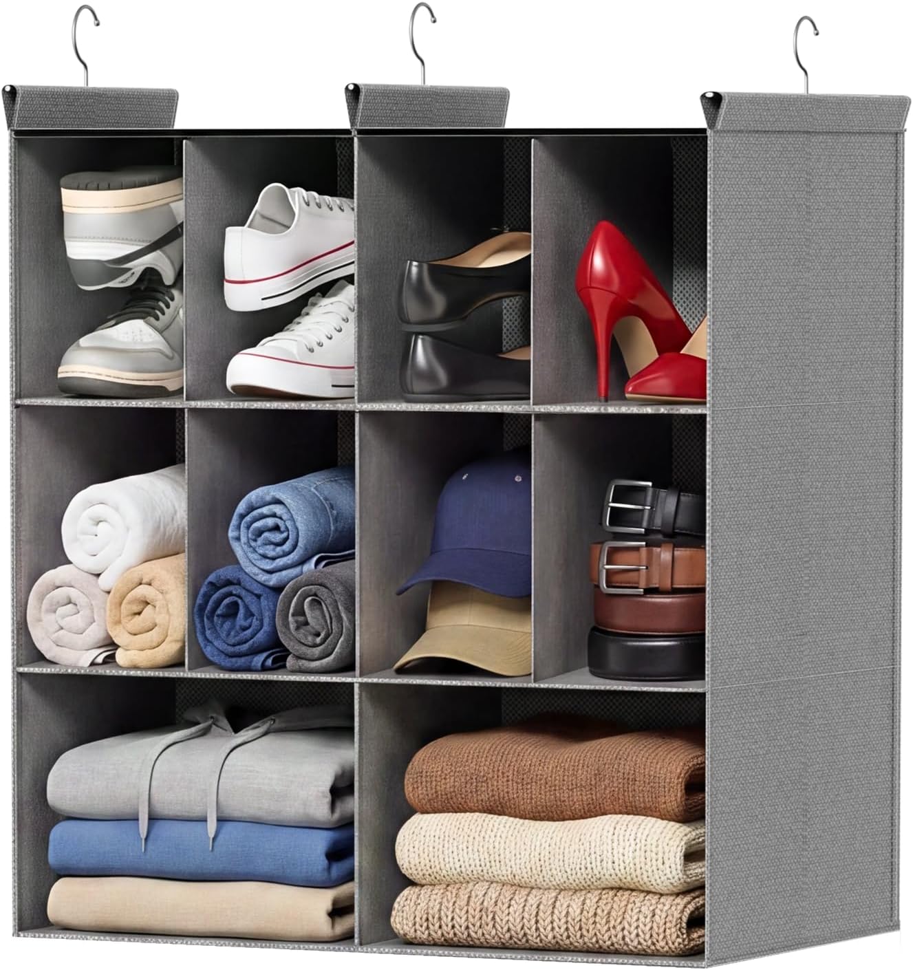 Ofiray-home 6 Tier Hanging Closet Organizer, 16 Compartments Sweater Organizer for Closet with 3 Sturdy Hooks, Closet Organizers and Storage, Wardrobe, Rv, Garment Rack, Grey