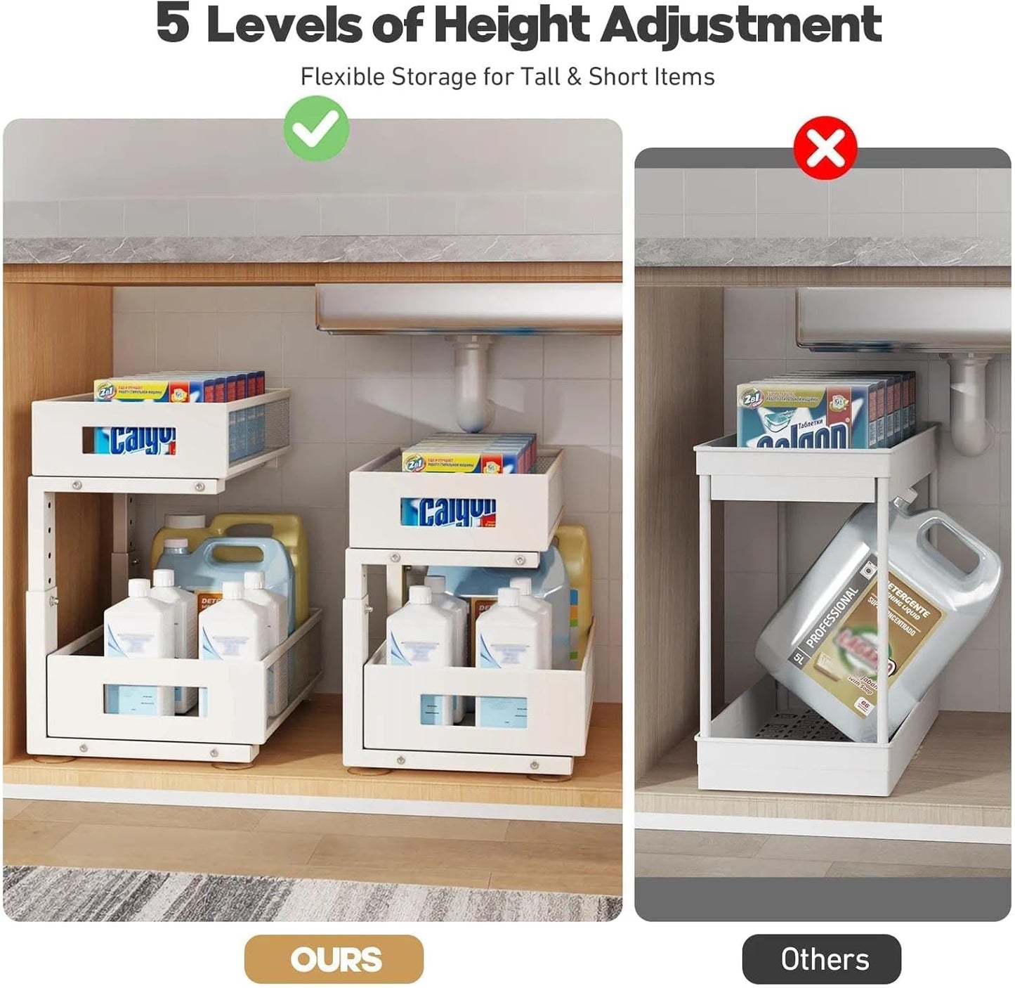Under Sink Organizer, 2-Tier Dual Pull Out Cabinet Organizer Drawers With Smooth Circular Rail, Large Capacity Metal Mesh Sliding Shelves For Bathroom& Kitchen Storage,Height Adjustable–White,2 Packs