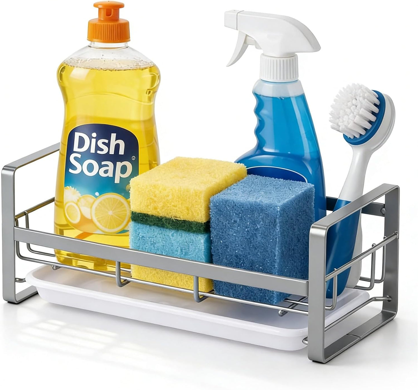 HULISEN Kitchen Sink Sponge Holder, 304 Stainless Steel Kitchen Soap Dispenser Caddy Organizer, Countertop Soap Dish Rack Drainer with Removable Drain Tray, not Including Dispenser and Brush