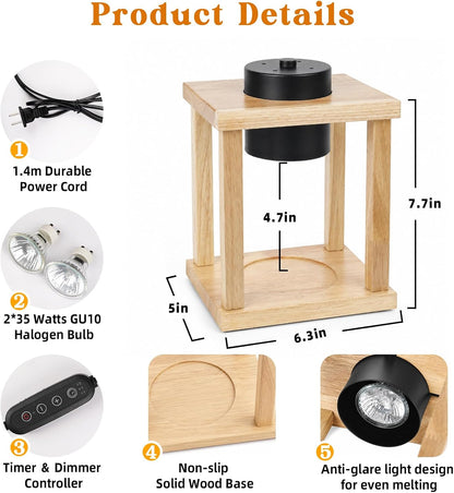 Candle Warmer Lamp Wood with Timer, Dimmable Electric Candle Lamp Warmer for Jar Candles, 2*35 Watt Bulb, Mothers Day Birthday Gifts for Women Men, Decorative Wooden Candle Lamp for Bedroom Home Decor