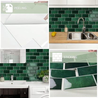 10-Sheet Thick Peel and Stick Kitchen Backsplash Tiles(Green,12"×12") | 3D Subway Waterproof Self-Adhesive Wall Tile Stick on Backsplash for Kitchen and Bathroom
