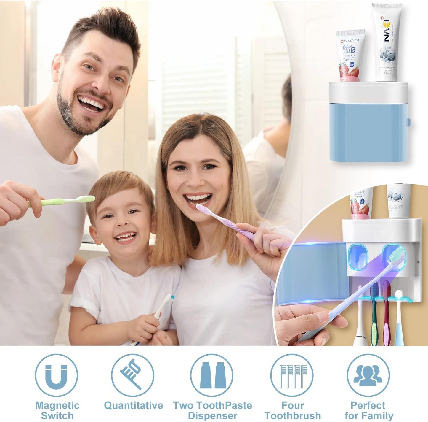 GFWARE Toothbrush Holder Toothpaste Dispenser Wall Mounted with Cover, 4 Slots Tooth Brush Storage Organizer with Automatic Kids Toothpaste Squeezers for Shower Bathroom Black