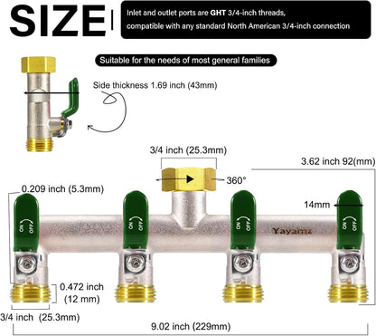 Garden Hose Splitter, 3/4” Rust and Freeze Resistant Outdoor Hose Manifold with 2 green Extra Long Handles Faucet Adapter-Heavy Duty Brass Nickel Plated 2-Way Valve