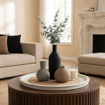 Ceramic Vase Set of 3, Modern Minimalist Neutral Home Decor, Boho Rustic Farmhouse Decorative Vases for Pampas Grass Dried Flowers | Table Centerpiece Entryway Mantel Bookshelf(Black Mix Set - Gray#1)