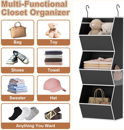 Hanging Closet Organizer 4 Shelf Collapsible Bedroom Closet Organizers and Storage Hanging with Mesh Pockets for Clothes, Fabric Hanging Storage Bins for Wardrobe Closet Organization and Storage, Grey