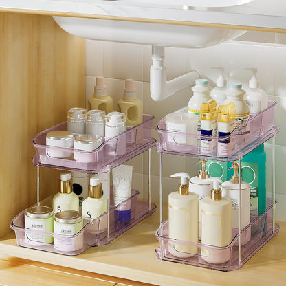 Delamu 2-Tier Under Sink Organizers and Storage, Multi-Purpose Stackable Bathroom Cabinet organizers, Pull Out Kitchen Pantry Organization and Storage with Dividers(2 Pack, Clear)