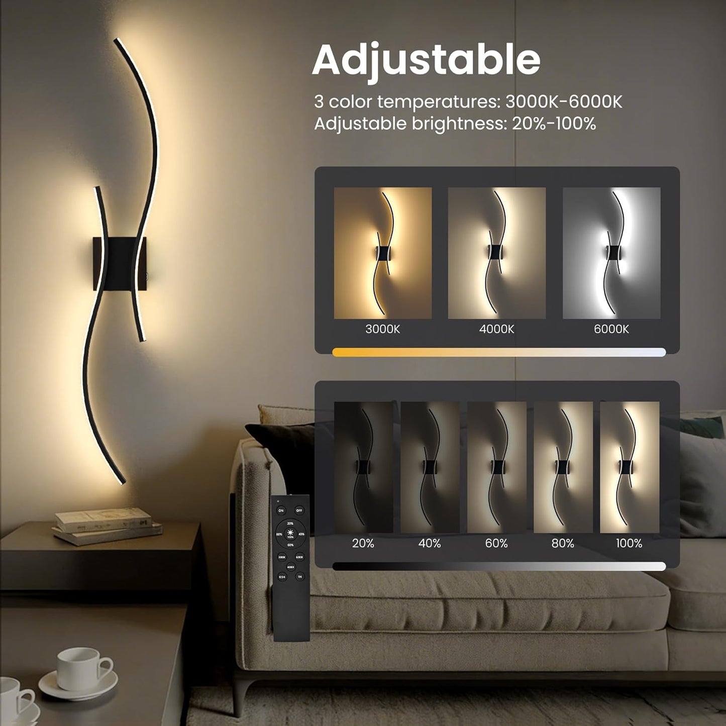 Battery Operated Wall Sconces Set of Two, 10000mAh Rechargeable Modern Wall Lights with Remote Control, Dimmable Gold LED Cordless Lighting for Living Room, Bedroom, Hallway, 39.4 Inch, 3CCT