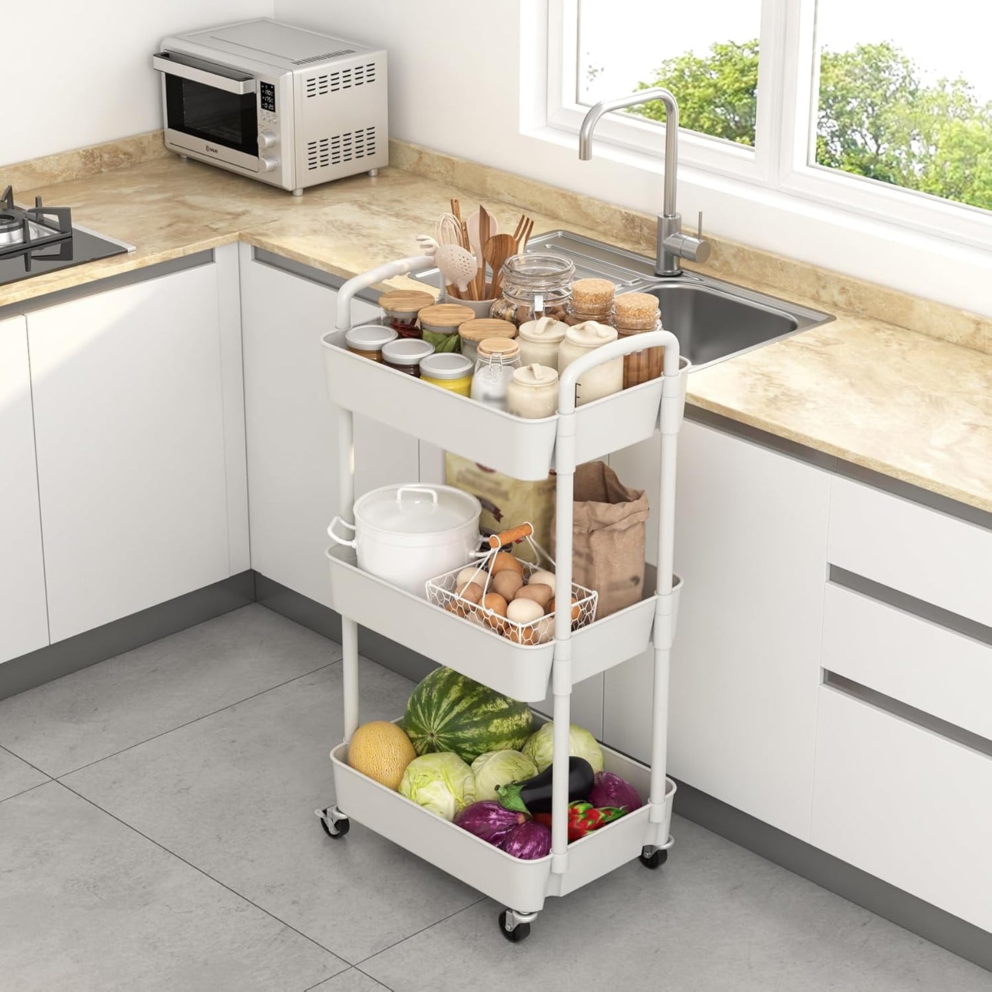 Sywhitta 4-Tier Plastic Rolling Utility Cart with Handle, Multi-Functional Storage Trolley for Office, Living Room, Kitchen, Movable Storage Organizer with Wheels, Black