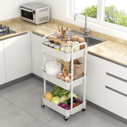 Sywhitta 4-Tier Plastic Rolling Utility Cart with Handle, Multi-Functional Storage Trolley for Office, Living Room, Kitchen, Movable Storage Organizer with Wheels, Black
