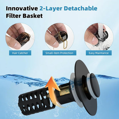 Universal Metal Bathroom Sink Drain Strainer Hair Catcher Upgraded 3 in 1 Pop-up Sink Stopper, with Detachable Stainless Steel Filter Basket, Fit for Standard 1.1''~2.36'' Basin Hole, Brushed Nickle