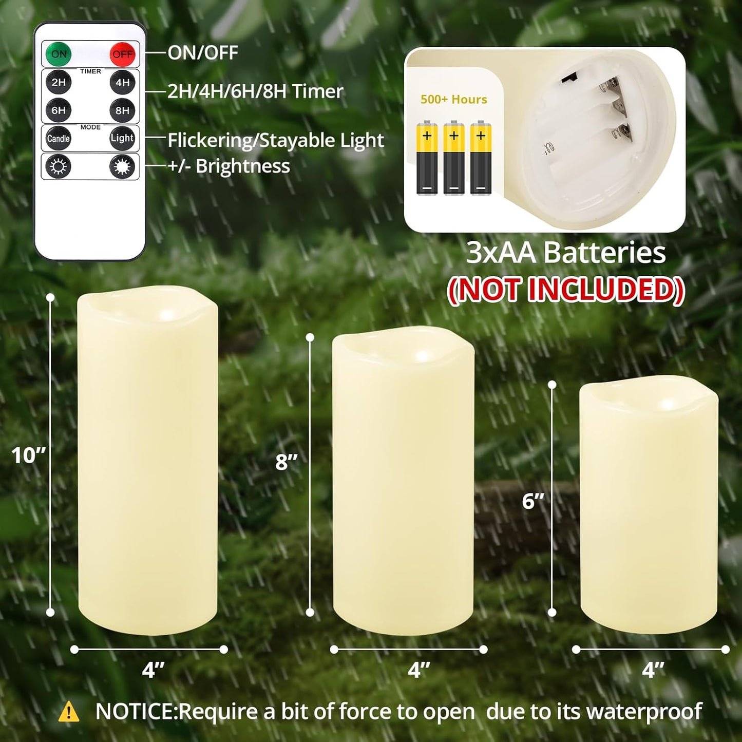 NURADA Large Waterproof Flameless Candles 6" 8" 10" x 4" - Outdoor Indoor LED Pillar Flickering Candle Battery Operated with Timer Remote for Patio Porch Lanterns - Ivory White Set of 3