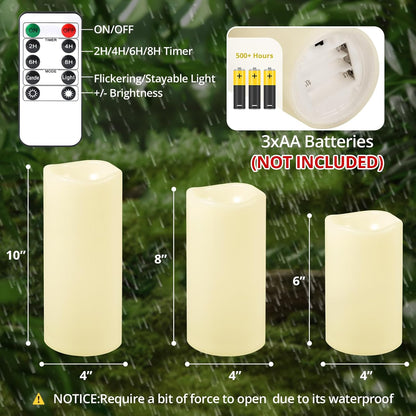 NURADA Large Waterproof Flameless Candles 6" 8" 10" x 4" - Outdoor Indoor LED Pillar Flickering Candle Battery Operated with Timer Remote for Patio Porch Lanterns - Ivory White Set of 3