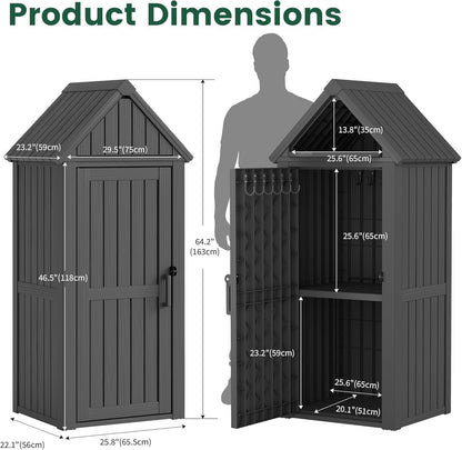 Bifanuo Deck Box Storage Shed Outdoor Storage Cabinet, Vertical Waterproof Resin Material Plastic Shed with Removable Shelves, 12 Hooks and Lock Ring for Garden, Pool and Patio (Classic Black)