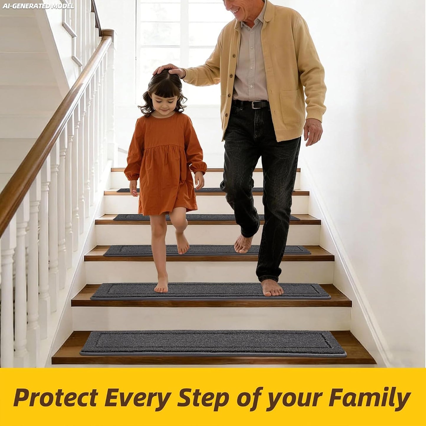 JSEI Stair Treads for Wooden Steps Indoor, 15-Pack Non Slip Stair Treads 30" x 8", Washable Polyester Stair Mats with TPE Backing, Low Profile Stair Rugs for Kids, Seniors and Dogs, Brown