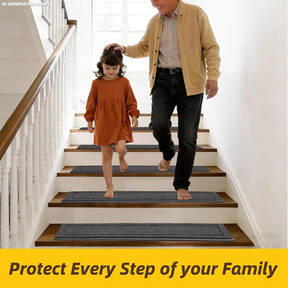 JSEI Stair Treads for Wooden Steps Indoor, 15-Pack Non Slip Stair Treads 30" x 8", Washable Polyester Stair Mats with TPE Backing, Low Profile Stair Rugs for Kids, Seniors and Dogs, Brown