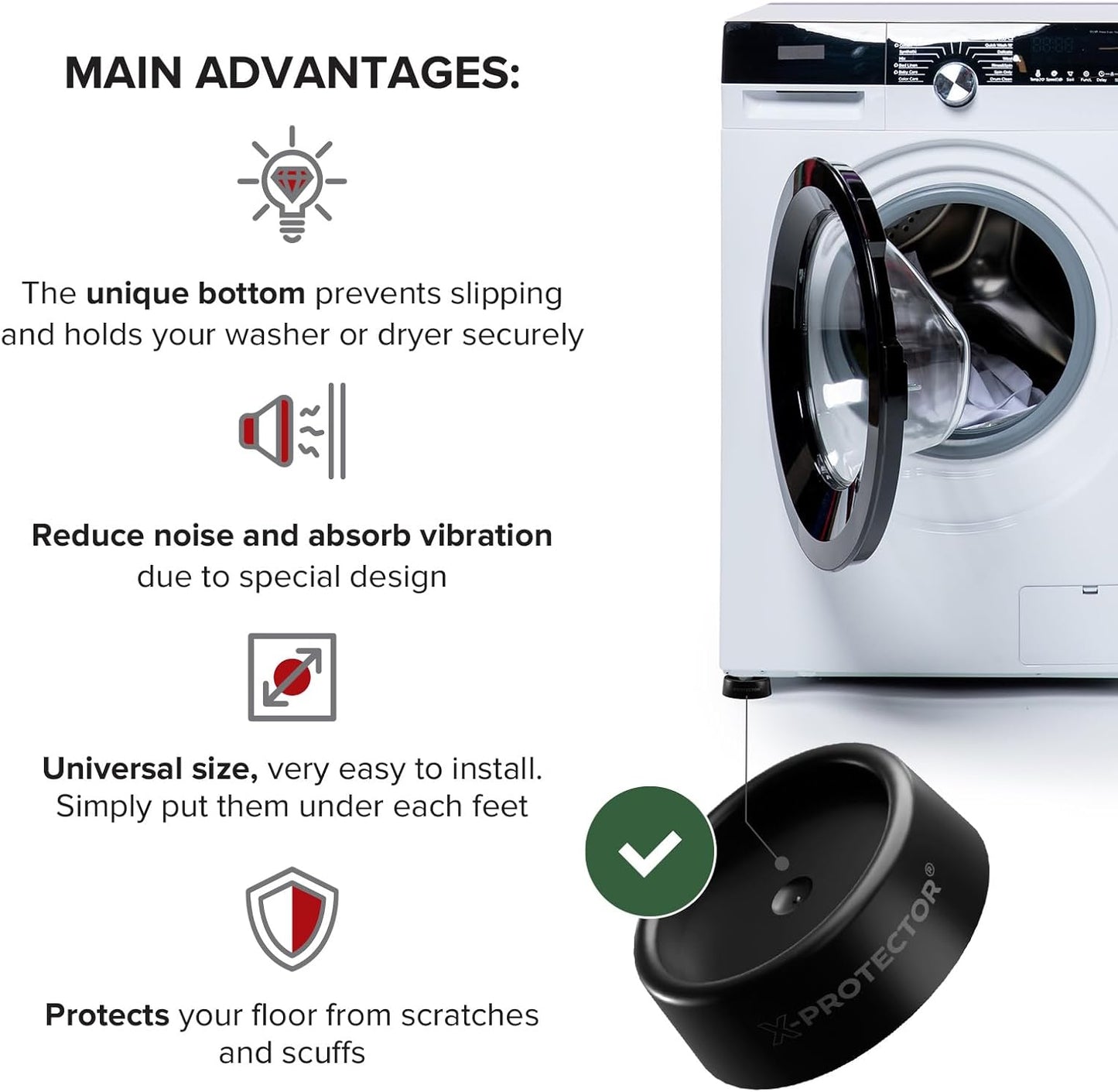 X-Protector Anti Vibration Pads for Washing Machine 4 PCS - Premium Anti Vibration Pads for Washer with Non-Slip Bottom - Washing Machine Anti Vibration Pads - Keep Washing Machine from Moving!