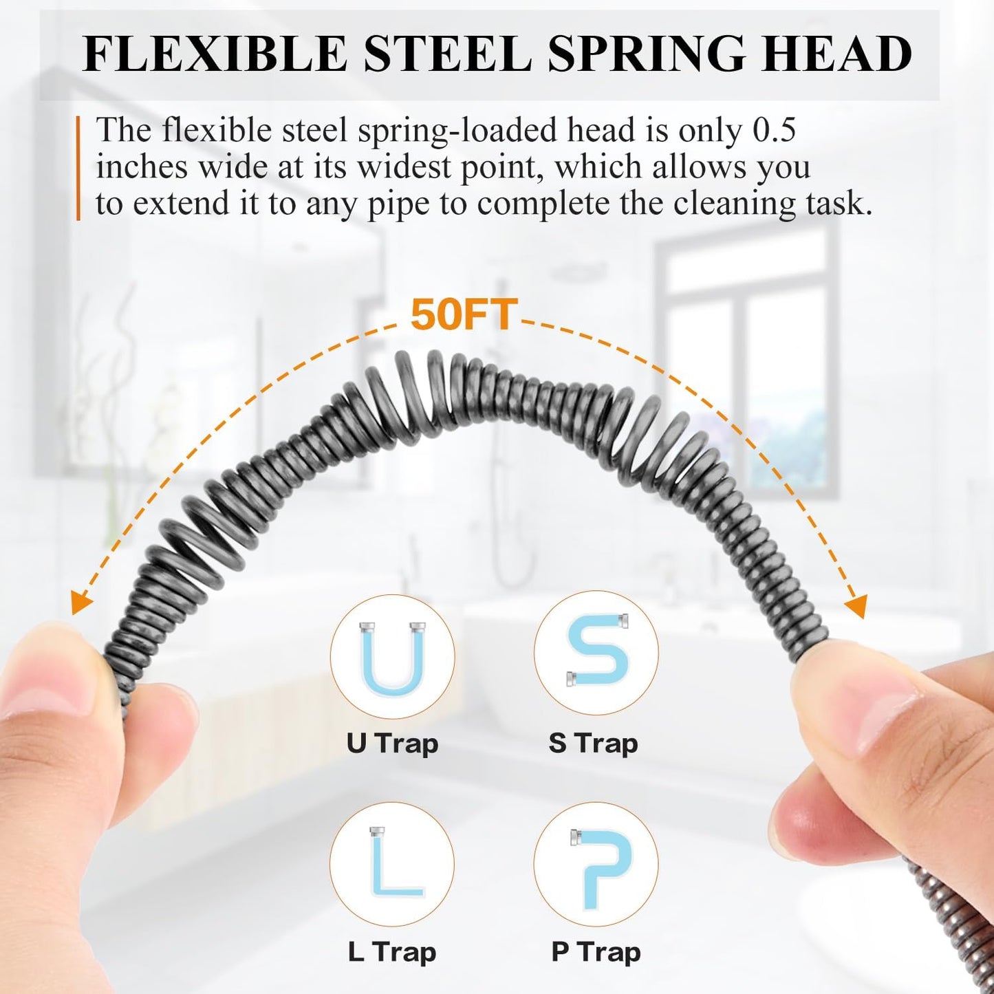 50 FT Plumbing Snake with Auto-Feed - Heavy Duty Drain Auger for Toilet/Sink/Shower/Bathtub Clogs, Drill-Compatible Sewer Snake Tool & Flexible Steel Cable - Snake Drain Hair Remover Tool