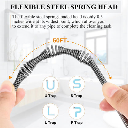 50 FT Plumbing Snake with Auto-Feed - Heavy Duty Drain Auger for Toilet/Sink/Shower/Bathtub Clogs, Drill-Compatible Sewer Snake Tool & Flexible Steel Cable - Snake Drain Hair Remover Tool