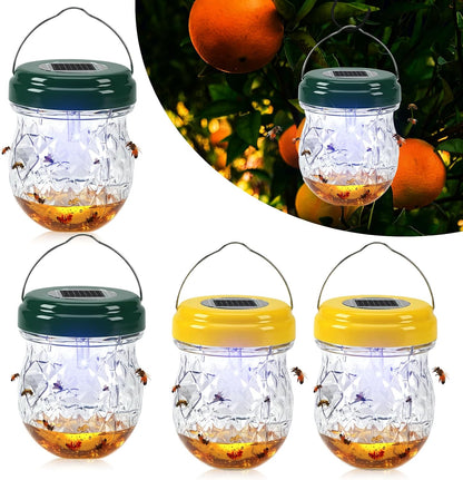 4 Pack Solar Wasp Traps Outdoor Hanging: Reusable Yellow Jacket Traps with LED Light - Effective Carpenter Bee Catcher & Hornet Trap - Waterproof Wasp Deterrent for Garden & Yard (4)
