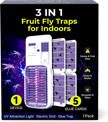 Upgraded Fruit Fly Traps for Indoors, Flying Insect Trap for Fruit Flies, Gnats, Plug in Bug Zapper Indoor with Dual-UV Lights & Trapping, Electric Grid & Glue Traps(1 Device & 5 Glue Boards)