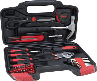 39-Piece Household Tools Kit - Portable and Essential Repair Set Ideal for Women, College Students, Home Use & More (39p-Pink)