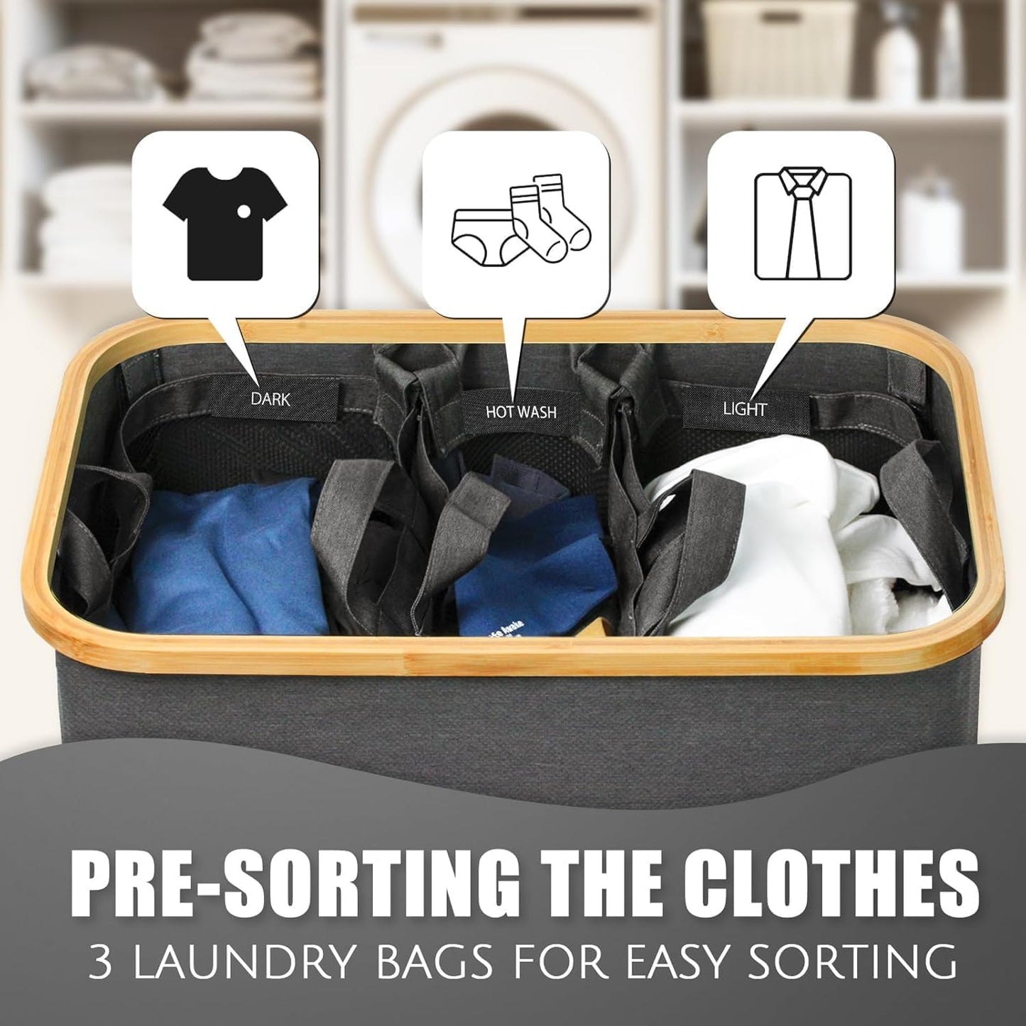 Hampers for Laundry Basket with Lid, 160L Extra Large 3 Section Clothes Divided Organizer for Bedroom, Laundry Room, Dirty Clothing Hamper, Black