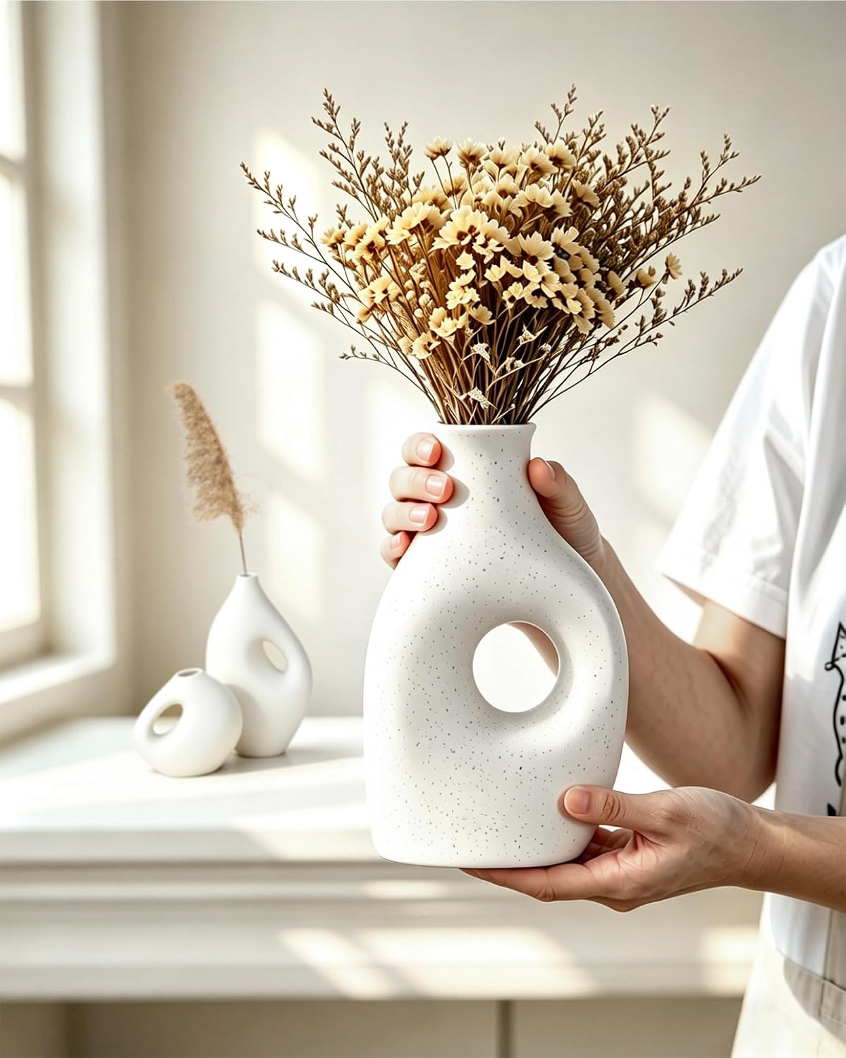 3 Piece Rustic Ceramic Vase Set,Modern Minimalist Speckled Vases,Boho Farmhouse Home Decor Accents,Decorative Flower Vases for Table,Shelf,Entryway, Living Room,Kitchen,Bedroom,Bathroom,Office