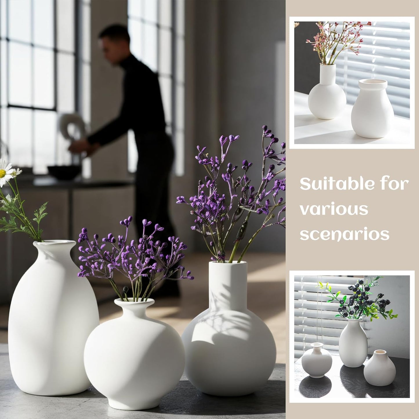 Small White Ceramic Vases Set of 5, Mini Decorative Boho Vases for Flower, Wedding & Home Decor