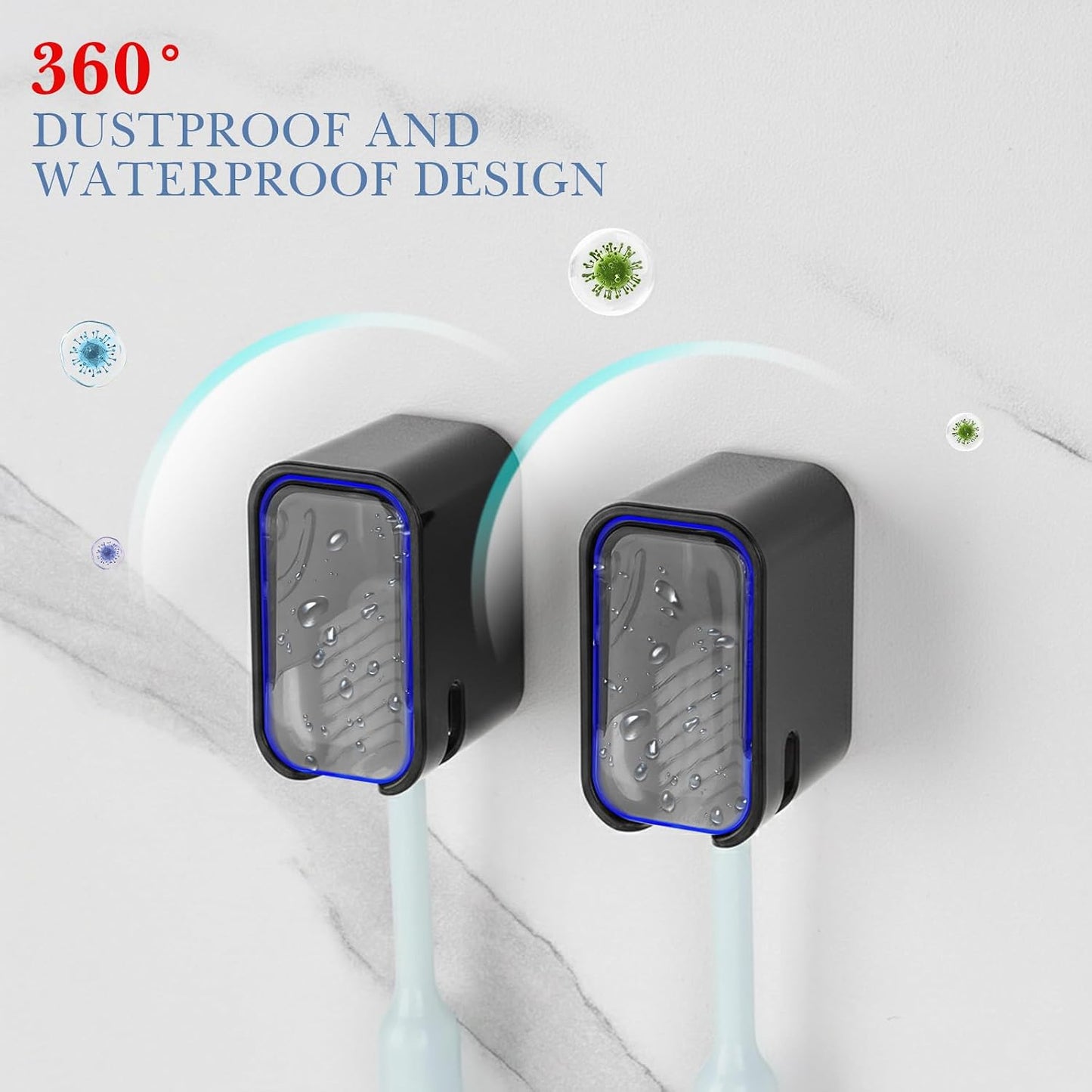 2 PCS Toothbrush Holder Wall Mounted with Cover for Bathroom, Self Adhesive Toothbrush Storage Organizer for Shower, Mini Toothbrush Hanger Rack for Dorm, Cabinet (Black)