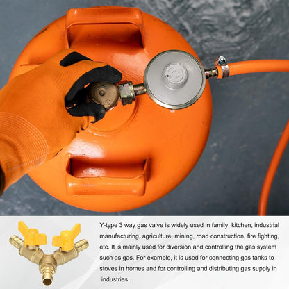 PATIKIL 3 Way Shut Off Ball Valve, 1/4" Y Shaped 3 Way Brass Garden Hose Barb Splitter Line Sprayer Parts Coolant Hose Valve Fitting with 2 Red Switch for Gas Fuel Oxygen, 1 Set