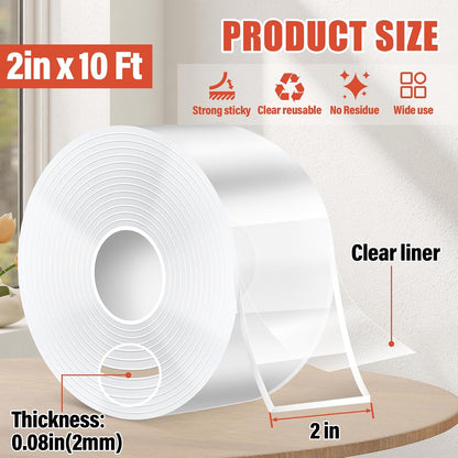Navona 2In x 10Ft Double Sided Nano Tape, Heavy Duty Removable Transparent Mounting Tape for Walls, Home, Office, Kitchen – Multipurpose Reusable Adhesive Tape