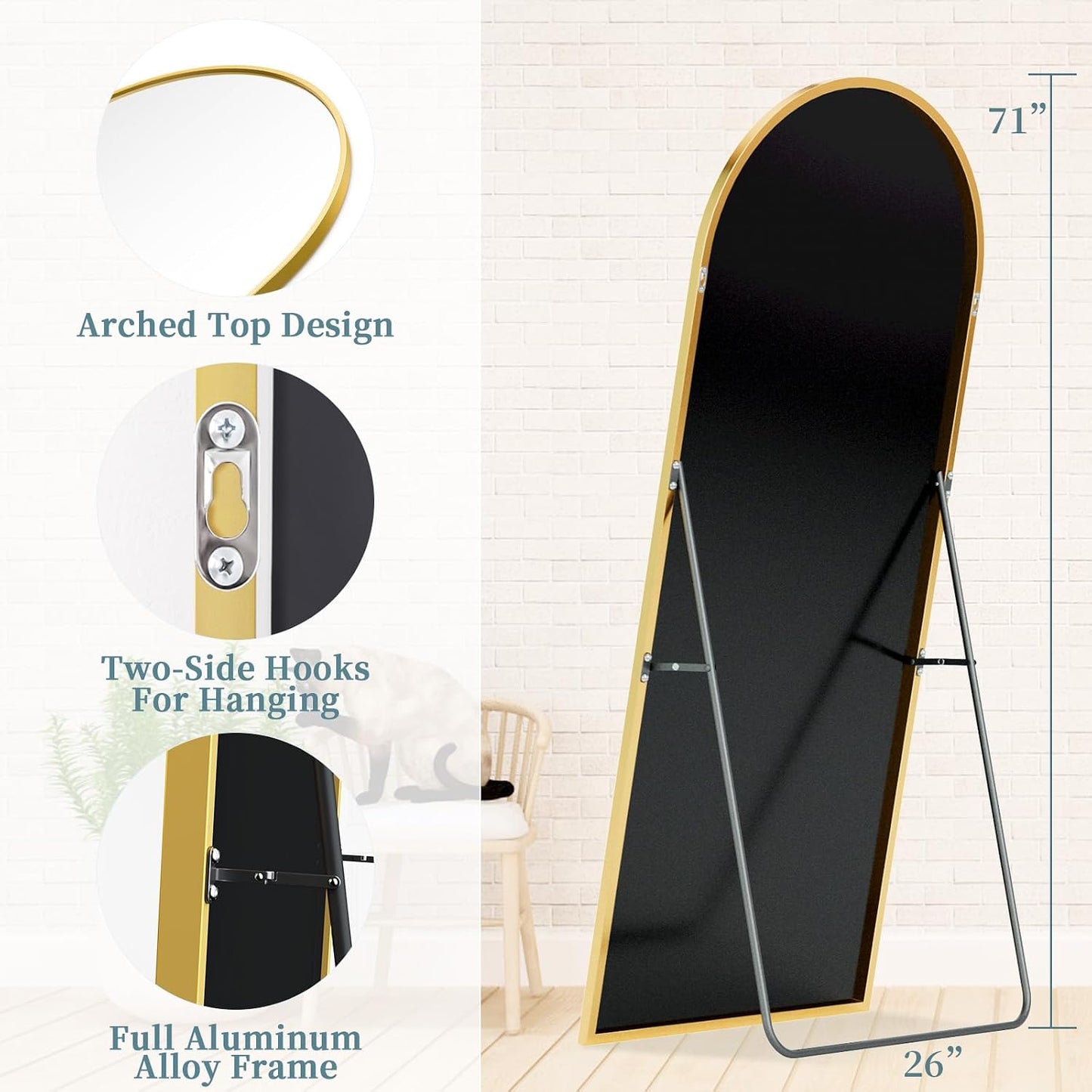 Full Length Mirror with Stand, 71"x28" Arched Full Body Large Stand Up Aluminum Frame Floor Standing Mirror, Freestanding Hanging Leaning Mounted for Bedroom Living Room Entryway Gold