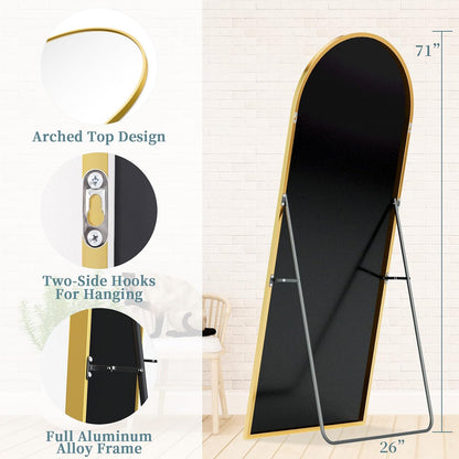 Full Length Mirror with Stand, 71"x28" Arched Full Body Large Stand Up Aluminum Frame Floor Standing Mirror, Freestanding Hanging Leaning Mounted for Bedroom Living Room Entryway Gold