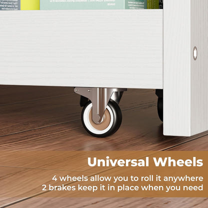 LIKIMIO 4 Tier Slim Storage Cart with Hooks, Wheels, Handle, Slide-Out Rolling Utility Cart for Small Spaces Kitchen, Narrow Mobile Shelving Unit Organizer Trolley, 23.6" L x 9.4" W