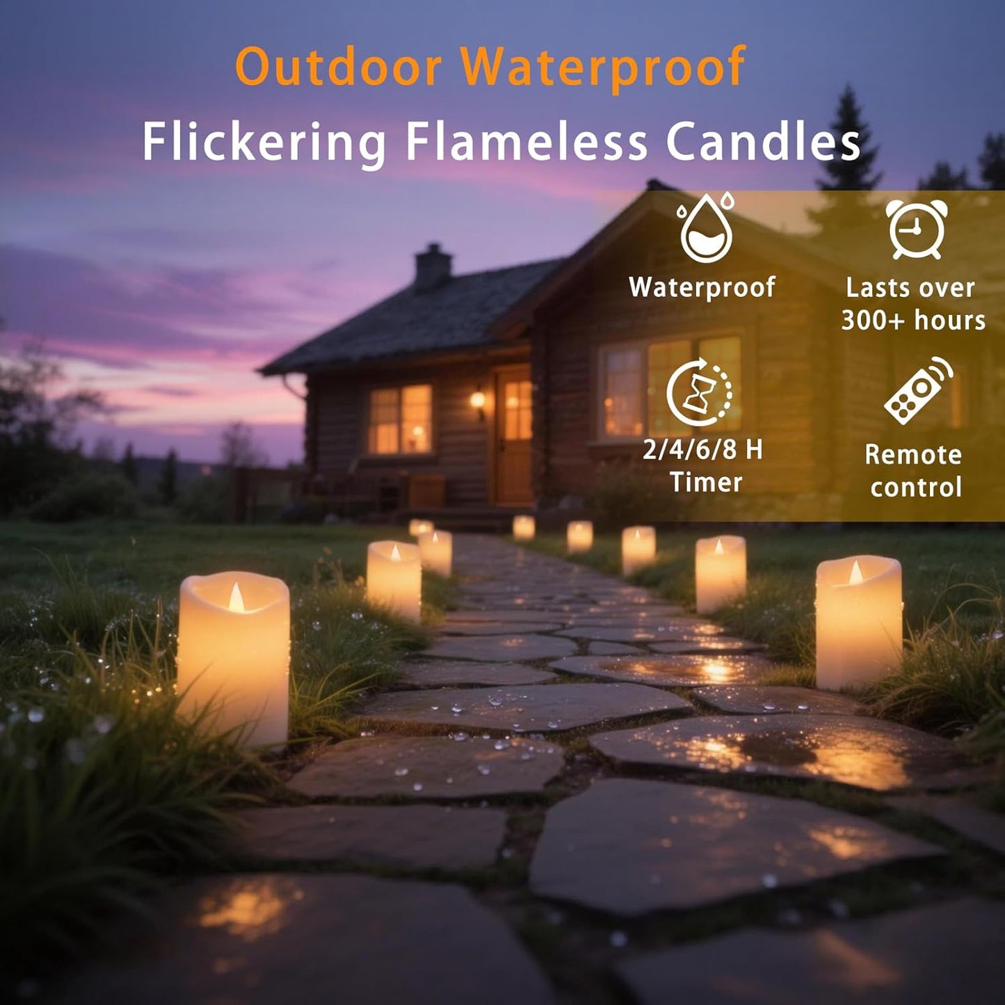 Outdoor Indoor Flameless Candles, Patented 3D Dual-LED, Set of 6 Slanted Top Durable Plastic Pillars with 2 Remotes & Timer, Non-Melting Waterproof Battery Candles for Patio Garden (Ivory)