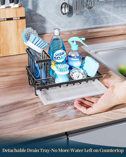Consumest Sponge Holder for Kitchen Sink - Kitchen Sink Caddy Organizer with Removable Drip Tray for Countertop Dish Soap Dispenser Brush Storage Accessories 304 Stainless Steel - Black