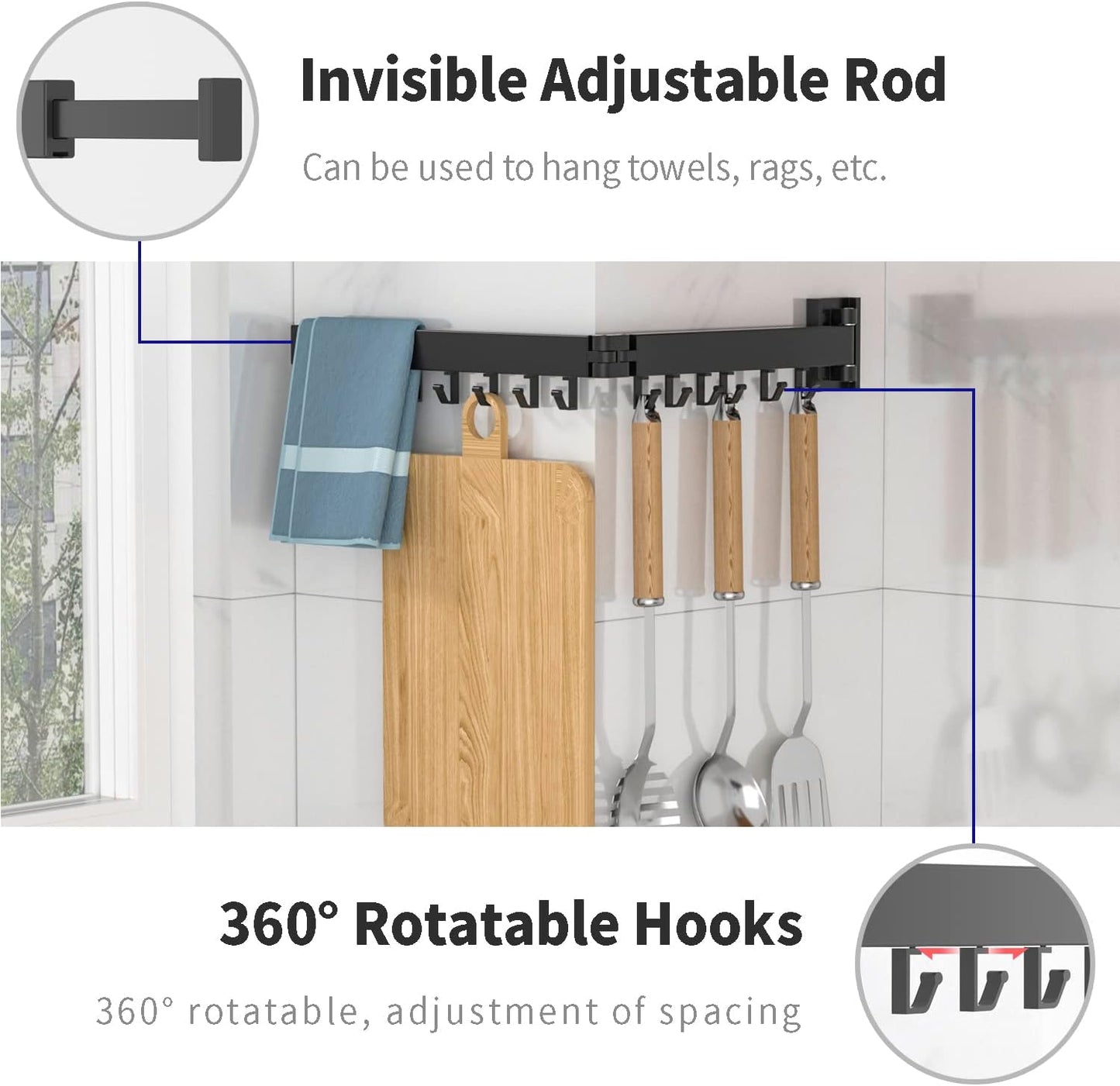 ptlsy Wall Mounted Portable Folding Clothes Drying Rack with Hooks,Space Saver Clothes Hangers Design Universal for Balcony, Mudroom, Bedroom, Kitchen, Foldable Laundry Rack (3-Pole Black)