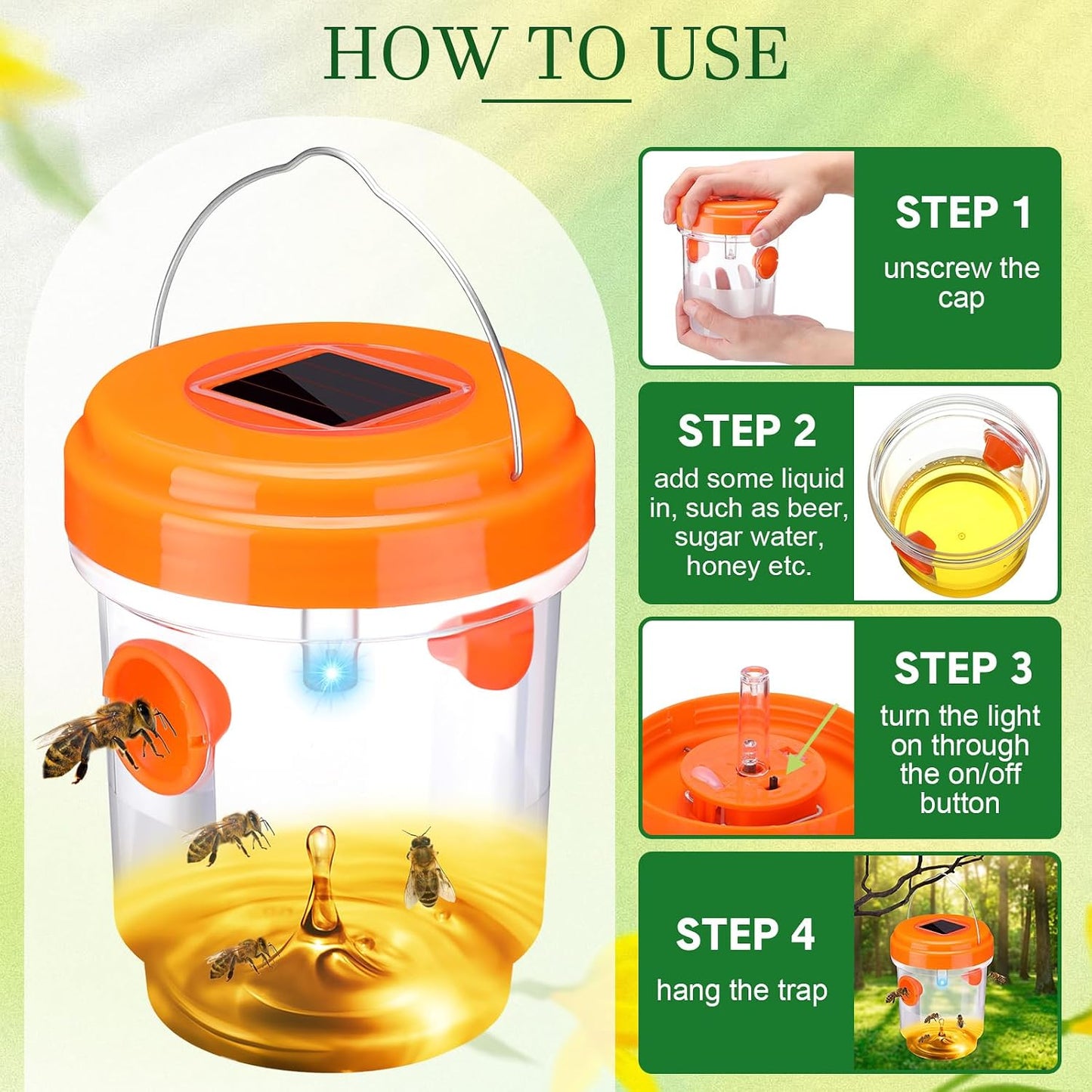 Wasp Trap Solar Powered Bee Trap Reusable Fly Traps Outdoor Hanging Wasp Killer with UV LED Light Flying Insects Bee Killer for Indoor Outside Patio Garden Home (6, Yellow)