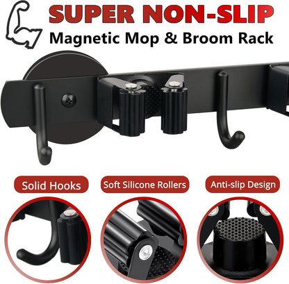 ULIBERMAGNET Magnetic Mop Broom Holder,Heavy Duty Movable Magnetic Broom Holder Rack,Anti-slip Wall Mounted Utility Storage Mop Shovel Hanger for Garage, Kitchen, Laundry, Garden(3 Racks / 4 Hooks)