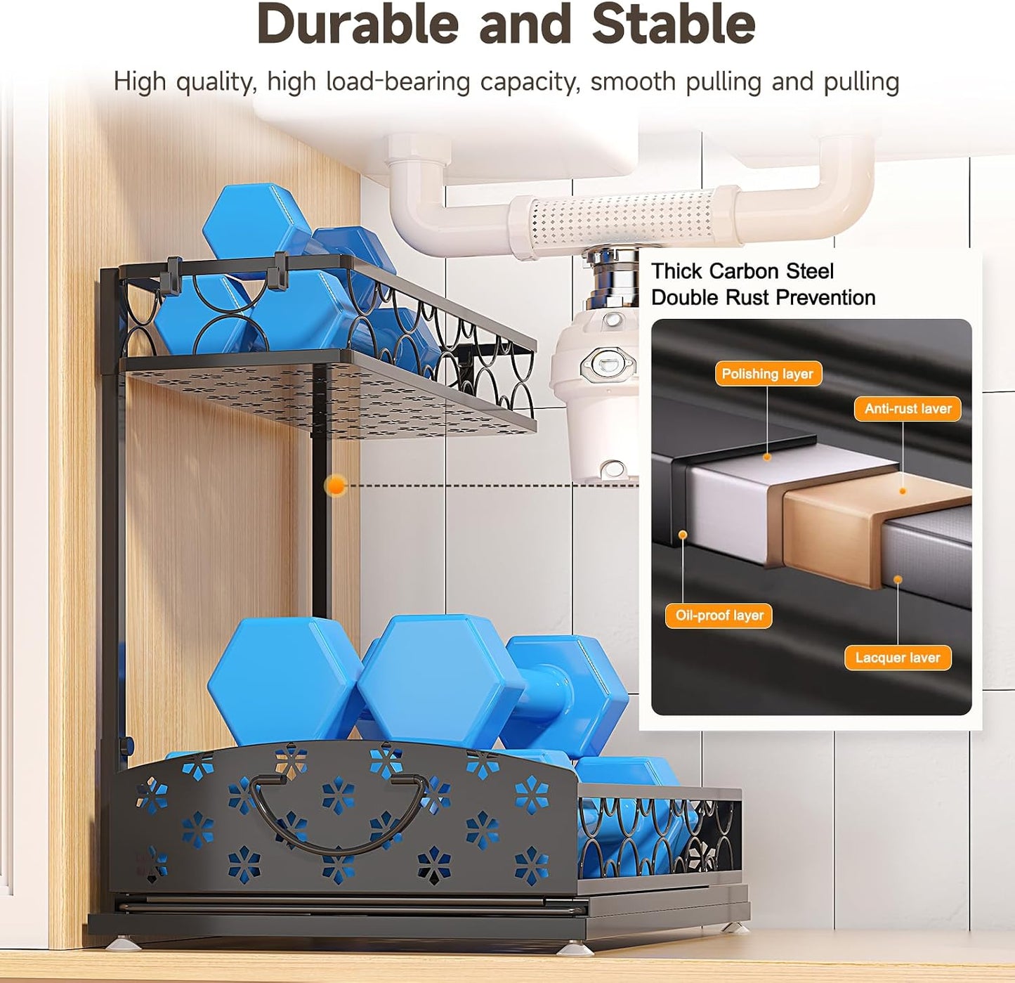 Sevenblue 2-Pack 2-Tier Height Adjustable Under Sink Organizer & Storage | Multi-purpose storage for kitchen & bathroom cabinet. Large black shelf, height adjustable design for space-saving.