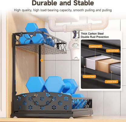 Sevenblue 2-Pack 2-Tier Height Adjustable Under Sink Organizer & Storage | Multi-purpose storage for kitchen & bathroom cabinet. Large black shelf, height adjustable design for space-saving.