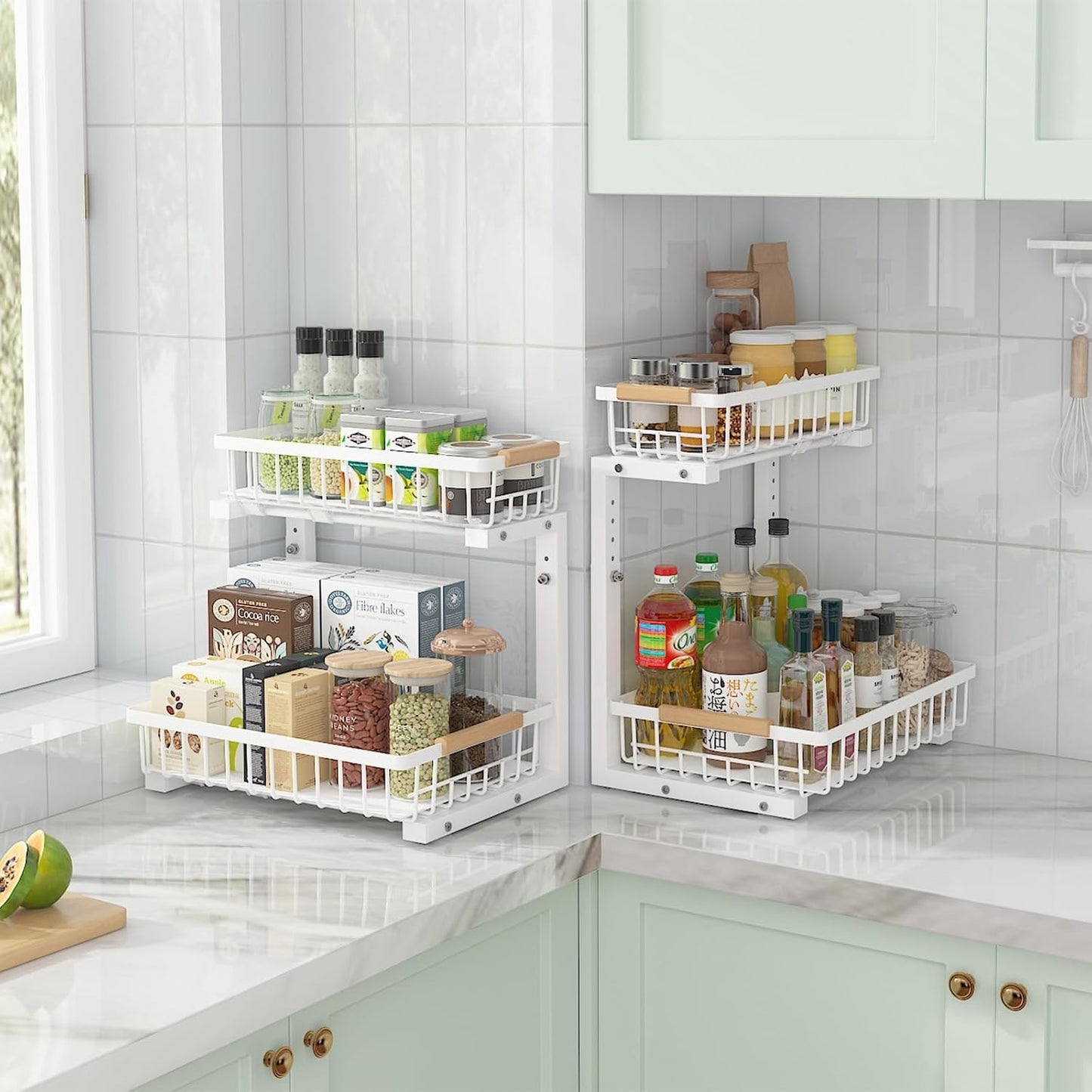 ADRIMER Under Sink Organizer 2 Packs, Pull Out Kitchen Sink Organizer, 2 Tier Slide Out Kitchen Organizers and Storage Bathroom Under Cabinet Storage Shelf, Transparent & White